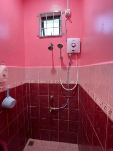 瓜拉丁加奴AR HOMESTAY KUALA TERENGGANU的粉红色的墙壁上设有淋浴