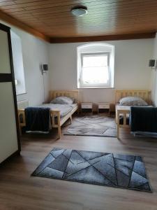 纳堡Naab-burg的客房设有两张床、一个窗户和一个地毯。