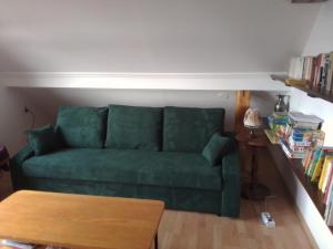 ReziA Kert Apartman的客厅配有一张绿色沙发,设有一张桌子