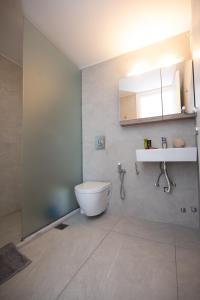 阿格拉瑞Spilia Apartments & Suites Mykonos的一间带卫生间、水槽和镜子的浴室