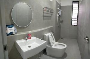 新山Four Leaf Clover Residence @ Crest Mount Austin JB的一间带水槽、卫生间和镜子的浴室