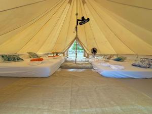 Tintipan IslandEl Cocotal Tintipán By Ashram的帐篷内带三张床的房间