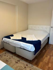恰纳卡莱Efe Can Apart Otel的小卧室配有一张带蓝色毯子的床