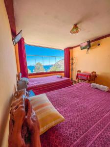 科帕卡巴纳Hostal Sol y Lago的一间卧室设有两张床和大窗户