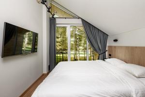 莫雷泰Miško Spa namas的一间卧室设有一张大床和一个窗户。