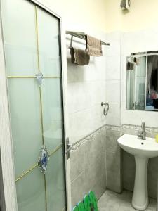 内罗毕JVcribstudios-Ndemi gardens apartments的带淋浴和盥洗盆的浴室