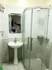内罗毕JVcribstudios-Ndemi gardens apartments的一间带水槽和玻璃淋浴的浴室