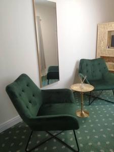 科克Charming 1-Bed Apartment in Cork的客厅配有两把绿色椅子和镜子