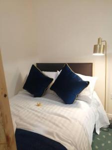 科克Charming 1-Bed Apartment in Cork的一张带蓝色和白色枕头的床