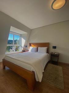 坎波斯杜若尔当Flats Chateau Campos do Jordão的一间卧室设有一张大床和大窗户