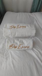 RuiruBliss Escapes的床上的两条毛巾,上面写着蓝色的热