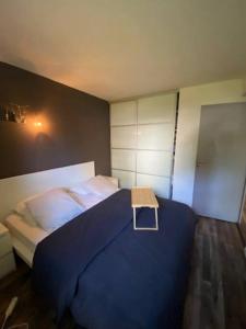 巴约讷Appartement T2 Bayonne-Anglet的一间卧室配有一张蓝色的床,上面有桌子