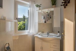 博尔扎诺Ferienhaus Weingut Plonerhof的一间带水槽和窗户的浴室