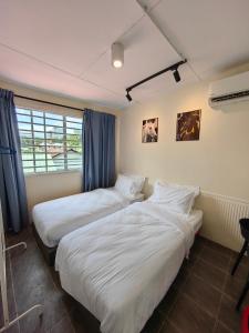 乔治市WW Hostel 22A Private Shower的配有蓝色窗帘的客房内的两张床