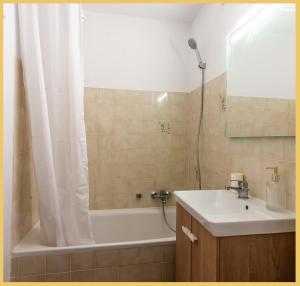 莱热Appartement T2 Sublime situé à LES GETS的带浴缸、水槽和淋浴的浴室