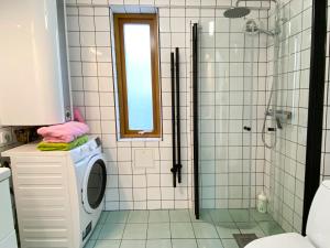斯德哥尔摩The Green House的一间带洗衣机和淋浴的浴室