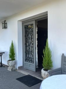 La FregenedaCasa Rural Camino de Hierro I y II的两棵盆栽植物的房子的前门