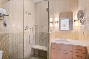 阿斯潘Independence Square 304, Stylish Hotel Room with Downtown Views & Great Location的带淋浴、盥洗盆和镜子的浴室