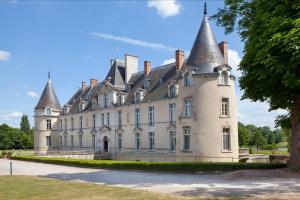 奥盖尔维莱拉里维耶尔Château d'Augerville Golf & Spa Resort的一座大型城堡,上面有塔楼