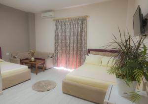 都拉斯Hotel Vila Dedej的一间带两张床和窗户的客厅