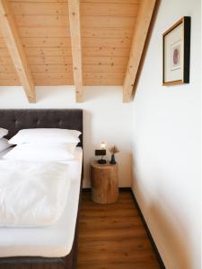 博登迈斯Ahütten的一间卧室设有一张床和木制天花板