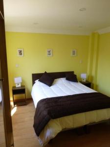 圣地亚哥Hotel Barrio Yungay的卧室设有一张大床,拥有黄色的墙壁