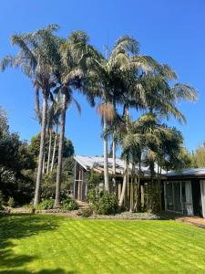 凯里凯里Kaingarua Retreat的庭院前有棕榈树的房子