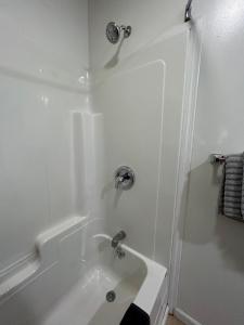 乔治湖乔治湖景汽车旅馆的白色的浴室设有水槽和淋浴。