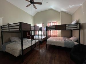 休斯顿MyCrib Houston Hostel的客房设有三张双层床和吊扇。