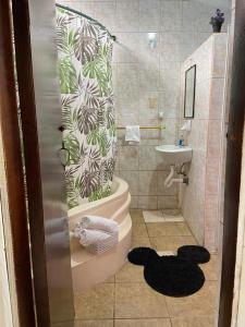 巴尼奥斯APARTAMENTO ESTUDIO - COMPLETO Y MUY BIEN UBICADO的带淋浴、卫生间和盥洗盆的浴室