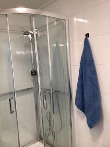 希恩SylviaBo的玻璃门淋浴和蓝色毛巾