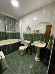 利马FLAT AMOBLADO EN PUEBLO LIBRE - LIMA - PERÚ的绿色瓷砖浴室设有卫生间和水槽