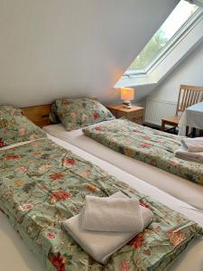 多尔努姆Hotel Pension Schienfatt am Dornumersieler Tief的带窗户的客房内的两张床
