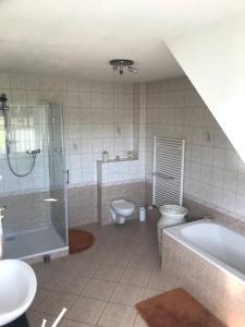 新策勒Room in Apartment - Haus Im Grunen House in the green的带浴缸、卫生间和盥洗盆的浴室
