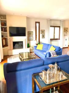 佛罗伦萨Casa Ila的客厅设有蓝色的沙发和壁炉