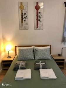 巴拉顿菲赖德Quiet, green, relaxing place- 3 bedroom villa的一张带两个枕头的大型绿床