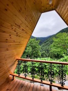 博尔若米K&M Cottage的设有一个享有美景的木制阳台,配有窗户。