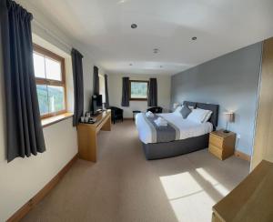 塔尔伯特港阿凡酒店的一间卧室配有一张床、一张书桌和一个窗户。