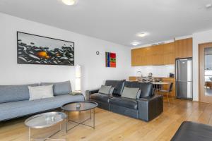 雷克雅未克Baldursbrá Apartment Laugavegur的带沙发和桌子的客厅以及厨房。