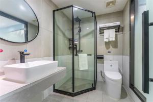 库尔勒尚客优精选库尔勒萨依巴格市场酒店的一间带水槽、卫生间和镜子的浴室