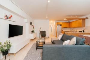 雅典Phaedrus Living: Cozy Flat Koukaki的一间带灰色沙发的客厅和一间厨房