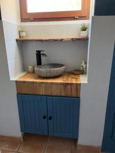 格里尼昂Au Petit Faubourg的木制柜台上带水槽的浴室