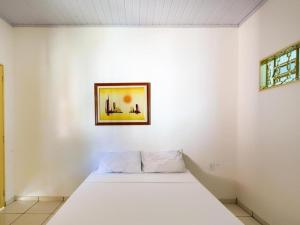 卡达斯诺瓦斯Pousada Caldas Novas的一张位于白色房间的床,墙上挂着一幅画