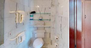 范尔Grand Hyatt Hotel And Condos的浴室配有卫生间和墙上的毛巾。