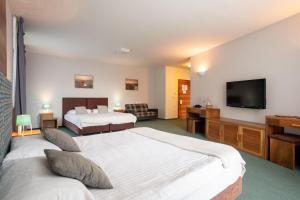 博维茨Hotel Boka的酒店客房设有两张床和一台平面电视。