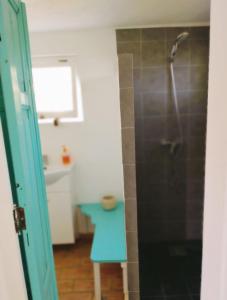 圣布拉什迪阿尔波特尔Casa Papoula的带淋浴和蓝色凳子的浴室