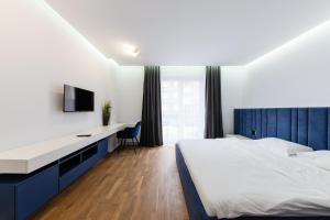 乌日霍罗德Luxury Apartments “Bozdosh”的一间卧室配有一张床、一张书桌和一台电视。