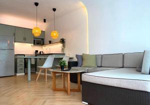 喀巴里特卡巴雷巴伊亚公寓式酒店的带沙发的客厅和厨房