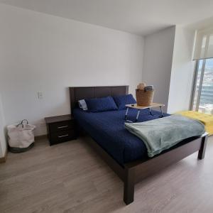 基多Suite Martina 2 Personas Quito的一间卧室配有一张带蓝色床单的床和一扇窗户。