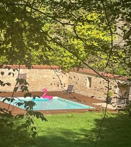 保拉扎克Richard Lequet Domaine gastronomique du Val d Atur的院子里的游泳池,有粉红色玩具